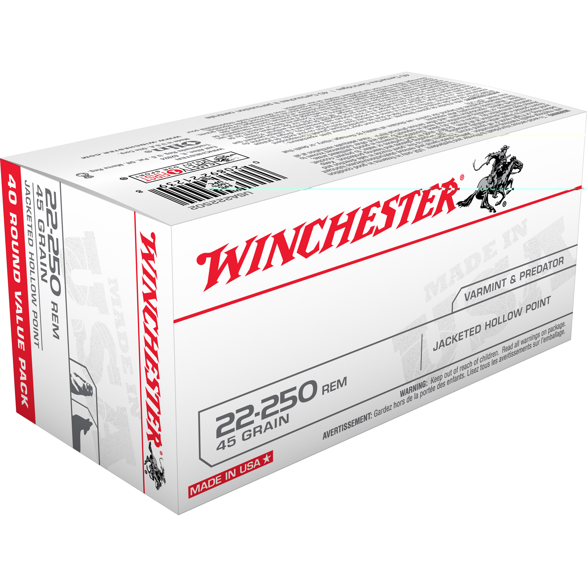 Winchester Usa 22-250 Remington 45gr JHP