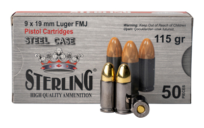 Sterling - Sterling 9mm 115 Grain Full Metal Jacket Steel Case Ammunition (50 Rounds per Box, 1500 per Case)