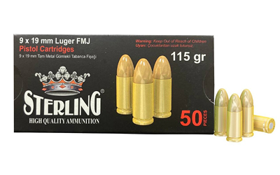 Sterling - Sterling 9mm 115 Grain FMJ Brass Ammunition - 50 Rounds per Box, 1000 per Case
